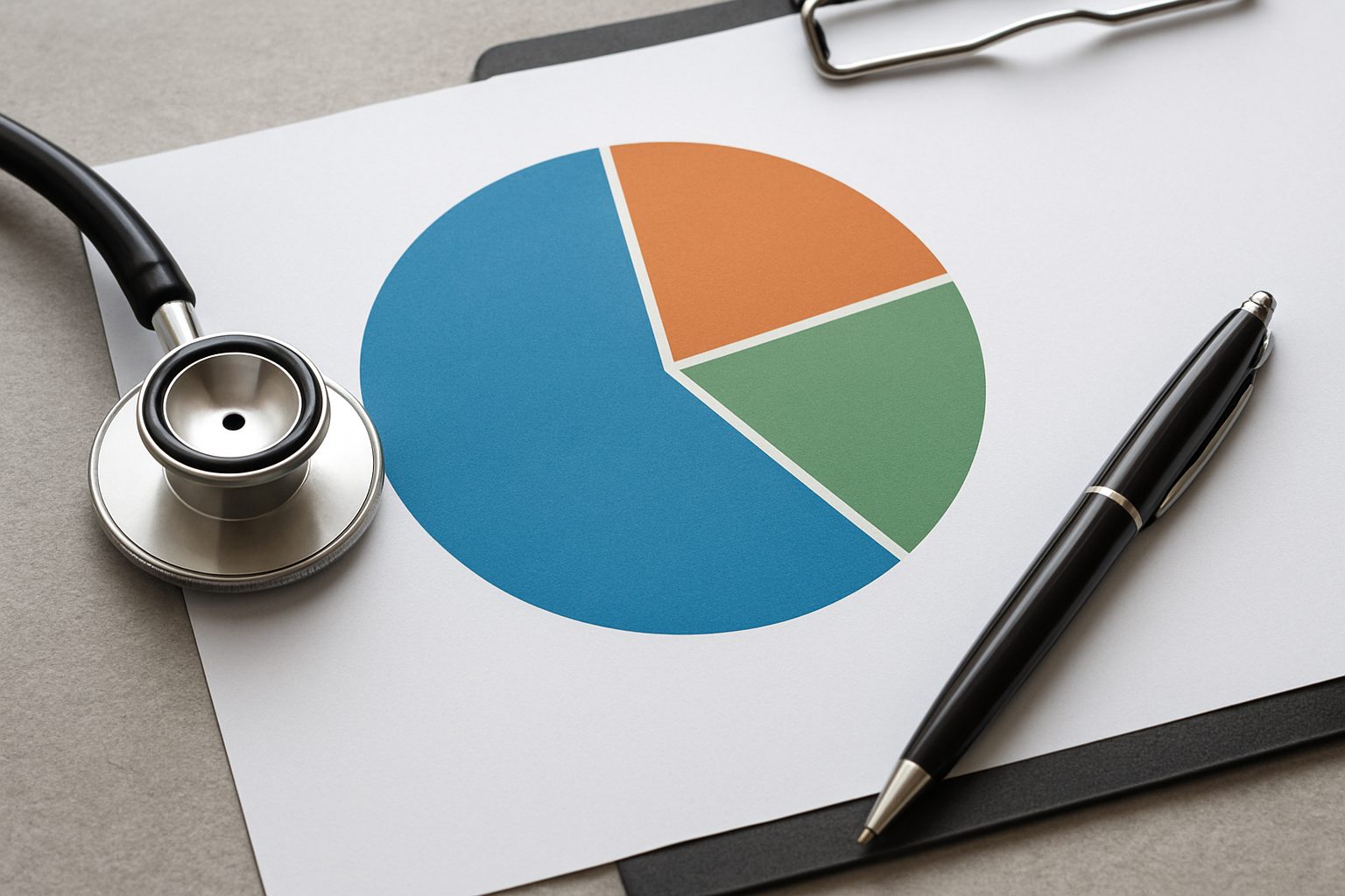 A stethoscope next to a pie chart on a piece of paper with a pen, symbolizing healthcare data analysis.